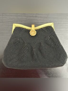 Black Ball Mesh Gold Hardware Rhinestone Clasp Clutch Purse Optional Chain Strap